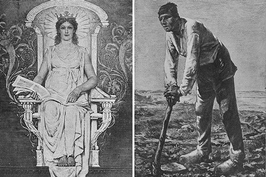 Comparison of two paintings (left: G.W. Maynard's Civilization, right: J.F. Millet's The Man with the Hoe)