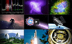 Montage of nine small images of astronomical photos, illustrations, telescopes, and scientific data. Click here to search and browse the Multimedia Library, which features all the images and videos on this website.