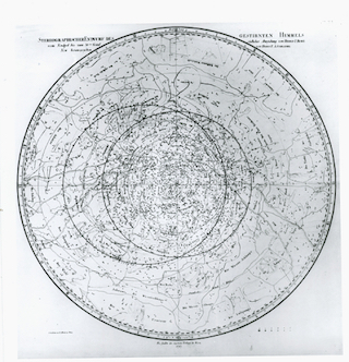 Bode’s Northern Celestial Planisphere: This star chart dates from 1787 and was created by Johann Elert Bodes, the director of the astronomical observatory of the Berlin Academy of Sciences. It extends from the north equatorial pole to 38° South declination, and shows the stars of magnitudes 1 to 6. The brightest stars are identified by Bayer letters. Some stars are named.