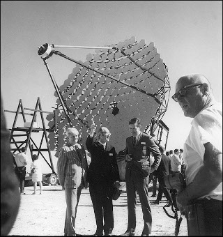 Gamma-Ray Reflector: Smithsonian Astrophysical Observatory director, Fred Whipple, in front of the 10-m Gamma-Ray Reflector on Mount Hopkins Observatory's opening day in 1968.