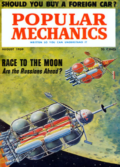 Race to the Moon: This Popular Mechanics magazine cover from 1959 asks if the Russians are ahead in the space race.  Many newspapers and magazines of the time devoted covers to imagining a future where space travel to the Moon was possible.