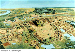 Cahokia Mounds: An artist's illustration of the village as it may have existed at Cahokia.  Located southwest of Shelbyville near the Illinois, Missouri border, Cahokia was inhabited by a number of peoples for more than 400 years.