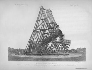 Herschel's Forty-foot telescope: William Herschel built a 40-foot telescope under the patronage of King George III.  Ultimately Sir William and Caroline found the 20-foot more useful for some purposes. This drawing is from The Scientific Papers of Sir William Herschel published in London in 1912 by the Royal Society and the Royal Astronomy Society.