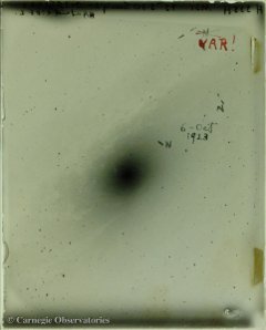 Hubble's Glass Plate Negative of M31: In 1923, Hubble imaged M31, the Andromeda Galaxy (Messier 31), with the 100-inch Hooker telescope at Mt. Wilson Observatory.  It is this image that led to his discovery of the first Cepheid variable star in M31.  You can see where he wrote 