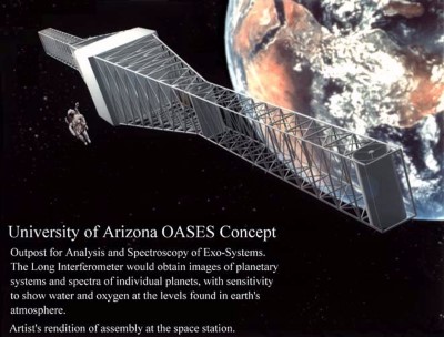University of Arizona OASES Concept: Artist’s rendition of an early version of a concept for a terrestrial planet finder, ca. 1995.  The concept was developed by Nick Woolf and Roger Angel.