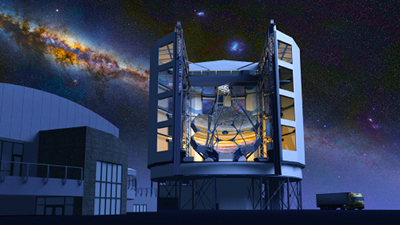 Giant Magellan Telescope: Artist's rendering of the Giant Magellan Telescope which will employ adaptive optics.   It will be a segmented mirror telescope that employs seven of today's largest stiff monolith mirrors as segments. Six off-axis 8.4 meter or 27-foot segments surround a central on-axis segment, forming a single optical surface with a collecting area of 24.5 meters, or 80 feet in diameter. The GMT will have a resolving power 10 times greater than the Hubble Space Telescope.