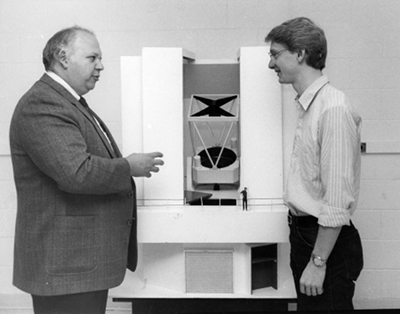 Apache Point Observatory Model: Astronomer Donald G. York and David Cole pictured with an architectural model of Apache Point Observatory.