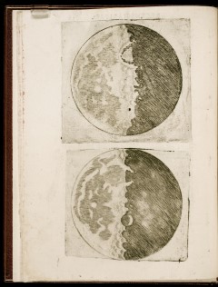  Illustration of the Moon’s Craters from Galileo’s Sidereus Nuncius: Galileo Galilei published Sidereus nuncius, Starry Messenger, in 1610.  The treatise included observations Galileo made with his telescope.  These depictions emphasize his realization that walls of deep craters on the Moon cast shadows. He thereby realized that the entire surface of the Moon was pitted with craters and mountains. He would not have been able to reach this conclusion without the aid of a telescope.