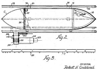 Vacuum Tube Transportation System: In 1950 Robert Goddard patented a vacuum tube transportation system like the one theorized by Lyman Spitzer when he was in high school.  This is an image from his patent application.  The bullet-shaped object is a transportation car; it is shown in a tube that is evaucated so there is no resistance to its motion.  The structures below the evacuated tube are a system of magnets that levitate the car.
