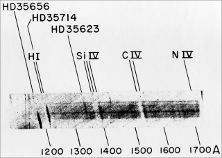 UV Sounding Rocket Spectrum: Four months after the above spectrum was captured, Morton obtained a higher quality UV spectrum of hot stars in Orion. The UV spectrum of ζ Ori revealed extremely strong absorption lines of three-times ionized silicon(denoted in the image as Si IV) and three-times ionized carbon (denoted in the image as C IV). These broad, white tilted features indicate the presence of a high-speed, outflowing stellar wind with velocities of 1800 km/s and imply a rate of stellar mass loss of one solar mass every one million years. At this rate, the stars would blow themselves apart in a few tens of millions of years. This fact was a major discovery from the early days of ultraviolet astronomy. The black streaks labelled by star names, e.g., HD35656, are due to other stars in the field of view during the flight. For more information about this spectrum, see Morton, D. C. 1967, ApJ, 147, 1017.