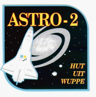 Astro-2 Mission Patch: The Hopkins Ultraviolet Telescope (HUT), for which Warren Moos was a Co-Investigator, flew on the space shuttle (STS-67) in March 1995 for 16 days. There were more than 20 science programs for the mission, but the primary science goal was to detect and measure the characteristics of the primordial intergalactic medium. This is an example of the more extensive experimentation that can be done over 16 days in space versus 5 minutes.