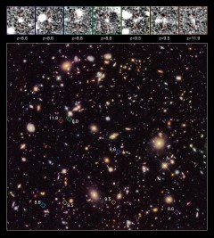 Hubble Ultra Deep Field 2012: This is an improved version of the Hubble Ultra Deep Field (2004) featuring additional observation time. The new data reveals a possible population of distant galaxies at redshifts between 9 and 12, including a candidate for the most distant object observed from Earth to date. Enhanced fragments of the distant galaxies are displayed in black and white across the top of the image and the location of each of the galaxies is marked in the main image by a box of the same color. Not all of the galaxies are observable in the main image. Each galaxy is also labelled with its estimated redshift.