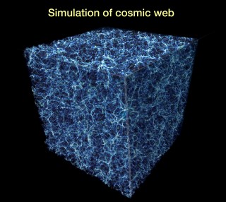Simulation of the Cosmic Web: This graphic represents a slice of the spider-web-like structure of the Universe, called the cosmic web. These great filaments are made largely of dark matter located in the space between galaxies.