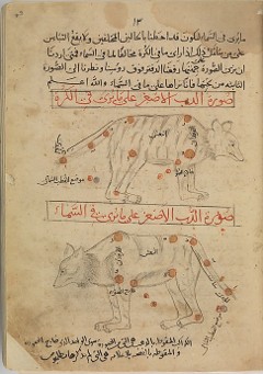 Illustration from the Kitab suwar al-kawakib al-thabita (Book of the Images of the Fixed Stars) of al-Sufi: The Kitab suwar al-kawakib al-thabita of al-Sufi based on the Almagest of the Greek astronomer Ptolemy, concerns the forty‑eight constellations known as the Fixed Stars, which, according to the medieval conception of the Universe, inhabited the eighth of the nine spheres surrounding the Earth. The constellations each appear twice in mirror image, shown as observed from the Earth and from the sky.  This manuscript in Arabic is from the late 15th century and represents the work of `Abd al-Rahman al-Sufi (903–986).