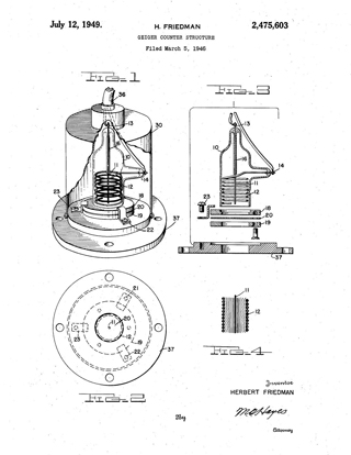 Herbert Friedman's Geiger Counter: Friedman holds U.S. Patent No. 2,475,603, for an adaptation of the tube used in a Geiger-Mueller counter. His tube design increased the counter's sensitivity to weak radiation sources by lowering the background noise of the counter itself. Figure 1 is a cut-away view of Friedman's counter tube mounted within a container, called a shield. Figure 2 is a front-end view of the tube. Figure 3 is a cross-section of the tube showing the arrangement of parts and the structure used for mounting the tube within the shield. Figure 4 is a cross-section diagram showing the tube anode and cathode, and a plot of the electric field within the tube.