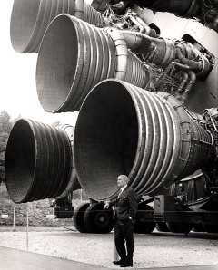 Wernher von Braun: A pioneer of America's space program, Dr. von Braun stands by the five F-1 engines of the Saturn V Dynamic Test Vehicle on display at the U.S. Space & Rocket Center in Huntsville, Alabama, circa 1969. Dr. von Braun served as the first director of the NASA Marshall Space Flight Center and was the chief architect of the Saturn V launch vehicle, the superbooster that propelled the Apollo spacecraft to the Moon.