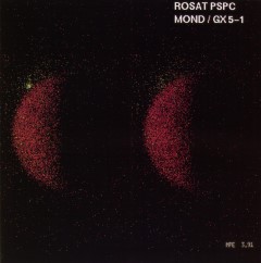 X-ray Moon and X-ray Star: This image of the Moon in X-rays was made in 1991 using data from the Roentgen Satellite (ROSAT), an X-ray observatory. In this picture, pixel brightness corresponds to X-ray intensity. The Moon reflects lower energy X-rays (shown as red) from the Sun. The source of high energy X-rays (shown as yellow) is a distant binary star system. The background is speckled with X-rays from many distant, powerful active galaxies. The picture also shows the Moon passing in front of and obscuring the binary star, a phenomenon called occultation.