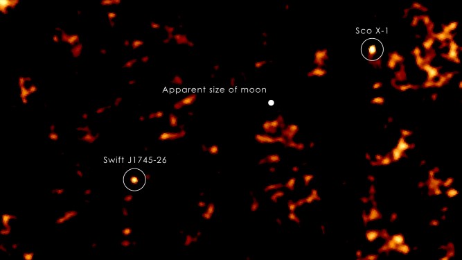 Scorpius  X-1: This image from the Swift X-ray Telescope shows an X-ray nova (designated J1745-26) and Scorpius X-1, along with the scale of moon, as they would appear in the field of view from Earth.