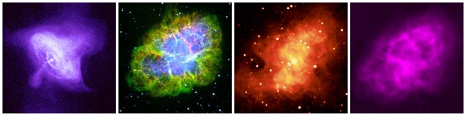 Multiwavelength Crab Nebula: The Crab Nebula, some 6,000 light years from Earth, is the remnant of a supernova explosion. It was seen on Earth in the year 1054. At the center of the bright nebula is a rapidly spinning neutron star, or pulsar, that emits pulses of radiation 30 times a second. This view from both space-based and ground-based telescopes shows the Crab in the X-ray, optical, infrared and radio wavelengths.