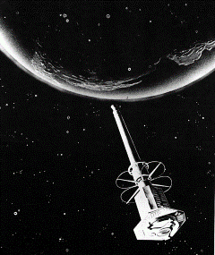 Artist’s  Impression of the Explorer 11 in Orbit: Explorer 11, the first gamma-ray detection satellite flown, was launched on April 27, 1961.  The satellite could not be actively pointed, so it was put into a tumble in order to get a 