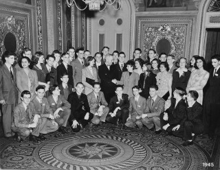 Science Talent Search of 1945: Winners of the 1945 Westinghouse Science Talent Search assemble with Vice-President Harry S. Truman.  George Clark was among the top ten finalists who were selected as winners.  He stands 6th from the left in the back row.