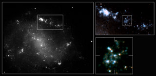 First high-resolution details in gamma-ray burst host galaxy:  The ESO 184-G82 galaxy has loose spiral arms with many bright star-forming regions. The inset shows an expanded view of one such region. The arrow shows the location Supernova 1998bw. This supernova was probably associated with Gamma-Ray Burst GRB980425, indicating that supernovae are the origin of some GRB's.