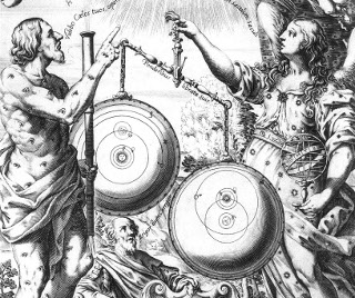 Detail from the frontispiece of Giovanni Battista Riccioli's <em>Almagestum novum</em> (Bologna, 1651): This image depicts the slow evolution of thought about the physics of the solar system in the mid-17th century. The shield on the left represents Copernicus's view of the Universe (1543) with the Sun at the center of the Universe and all of the planets, including the Earth moving around it.  Copernicus's model was opposed by the Church which held that the Earth was the center of the Universe. The shield on the right depicts Tycho Brahe's model of the Universe (1588) which  reconciles the Copernican model with the early Ptolemaic model (ca. 150) in which the Sun, Moon, planets, and stars all revolve around the Earth.  Brahe's model allows that the other planets revolve around the Sun, but maintains that the Earth is the stationary center of the Universe around which the  Sun, dragging all of the planets with it, as well as the Moon, revolve.  Brahe's shield carries more weight (tilts the balance) in this picture because the Church, a powerful arbiter of scientific thought in the 17th century, supported Brahe's model.