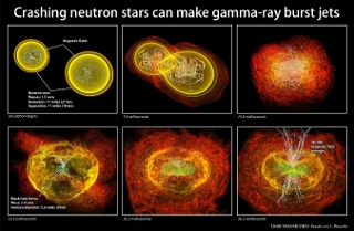 Crashing Neutron stars can make gamma-ray burst jets: These images show the merger of two neutron stars recently simulated using a new supercomputer model. Redder colors indicate lower matter densities. Green and white ribbons and lines represent magnetic fields. The orbiting neutron stars rapidly lose energy by emitting gravitational waves and merge after about three orbits, or in less than 8 milliseconds. The merger amplifies and scrambles the merged magnetic field. A black hole forms and the magnetic field becomes more organized, eventually producing structures capable of supporting the jets that power short gamma-ray bursts.