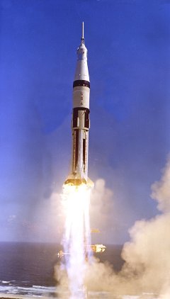 Apollo 7 Launch: AS-205, the fifth Saturn IB launch vehicle developed by the Marshall Space Flight Center (MSFC), lifts off from Cape Canaveral, Florida on the first manned Apollo-Saturn mission, Apollo 7. Primary mission objectives included demonstration of the Apollo crew (Walter Schirra, Don Eisele, and Walter Cunningham) capabilities and the Command/Service Module rendezvous capability. In all, nine Saturn IB flights were made, ending with the Apollo-Soyuz Test Project in July 1975.