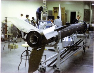 Aerobee Rocket: Preparations for launch of an infrared telescope on an Aerobee rocket at the White Sands Missile Range, New Mexico.