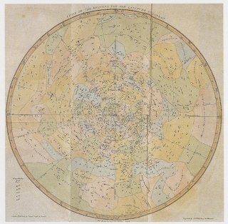 Chart of Stars Visible from London: This chart from 1834 illustrates the night sky as seen from London.  The map is drawn centered on the zenith at London.  Colors represent the regions of the constellations.  The brightness of the stars are indicated by the relative size of the dot; see the legend in the lower-left corner of the map. Image from A Familiar Treatise on Astronomy. Jehoshapaht Aspin.  London: M.A. Leigh, 1834.