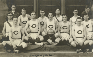 University of Chicago Basketball Team: Conference Champions, 1910. Edwin Hubble is pictured second from the left in the second row from the bottom.