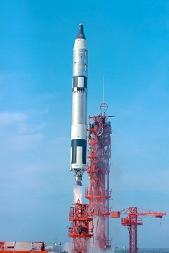 Gemini VI Launch: The Gemini VI, scheduled as a two-day mission, was launched December 15, 1965 from Pad 19, carrying astronauts Walter M. Schirra Jr., Command Pilot, and Thomas P. Stafford, Pilot. Gemini VI rendezvoused with Gemini VII, already orbiting the Earth.