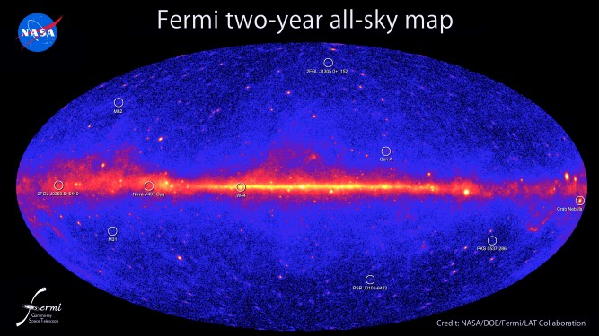 Gamma Ray Sky Map: This all-sky image made in 2011 was constructed using two years of observations by NASA's Fermi Gamma-ray Space Telescope.  It shows how the sky appears at energies greater than 1 billion electron volts (1 GeV).  Brighter colors indicate brighter gamma-ray sources.  A diffuse glow fills the sky and is brightest along the plane of our Galaxy (middle).  Discrete gamma-ray sources include pulsars and supernova remnants within our Galaxy, as well as distant galaxies powered by supermassive black holes.